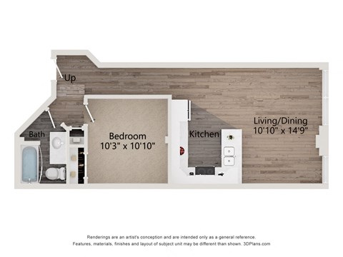Floor plan for 1 bed, 1 bath, 642 sqft